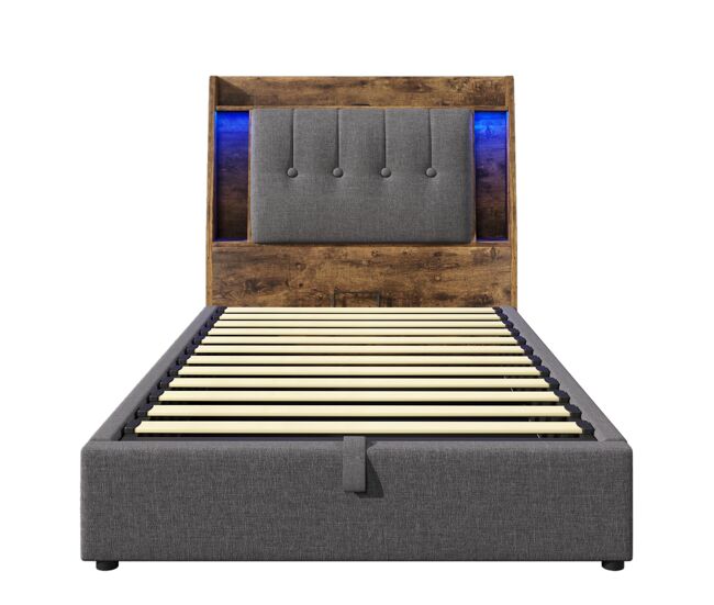 Cama tapizada 90x200 cm - carga usb tipo-c, almacenaje multifuncional, iluminación led, gris