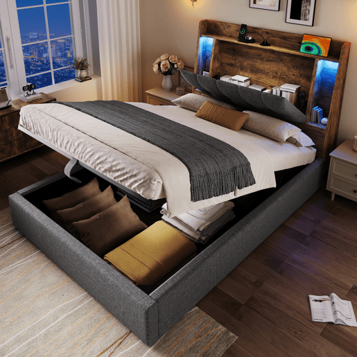 Cama estofada 90x200 cm - Carregamento USB Tipo C, Armazenamento multifuncional, Iluminação LED, Cinza