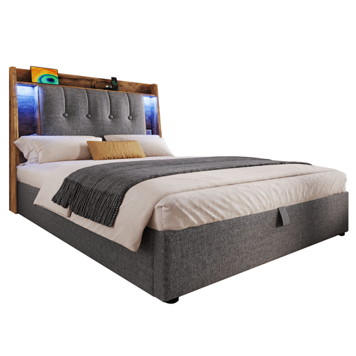 Cama estofada 90x200 cm - Carregamento USB Tipo C, Armazenamento multifuncional, Iluminação LED, Cinza