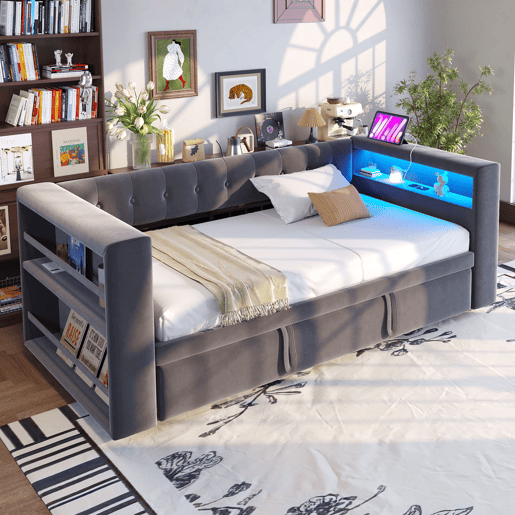 Cama multifuncional 90x190 cm - Com iluminação LED, tomadas e grande espaço de armazenamento - Cinza escuro