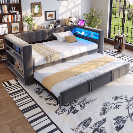 Cama multifuncional 90x190 cm - Com iluminação LED, tomadas e grande espaço de armazenamento - Cinza escuro