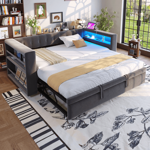 Cama multifuncional 90x190 cm - Com iluminação LED, tomadas e grande espaço de armazenamento - Cinza escuro