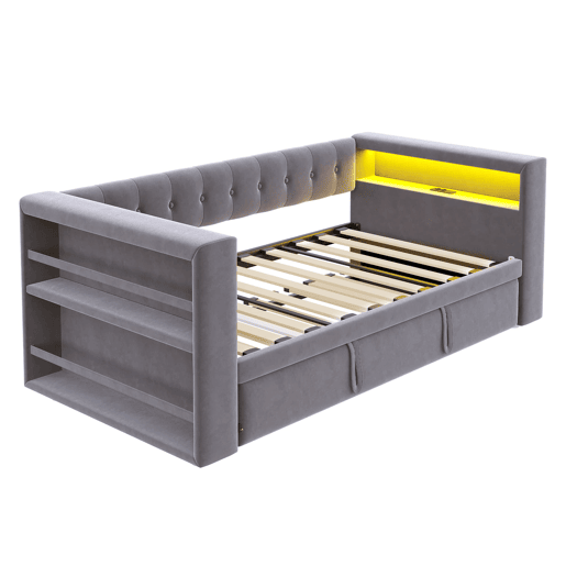 Cama multifuncional 90x190 cm - Com iluminação LED, tomadas e grande espaço de armazenamento - Cinza escuro