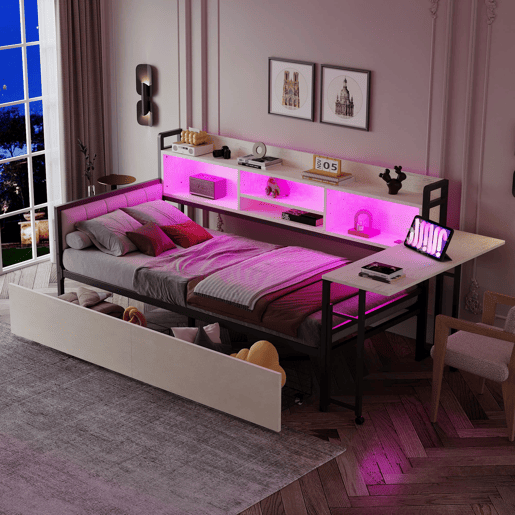Sofá-cama de ferro 90x200 cm - Com iluminação LED, arrumação, secretária dobrável - Branco
