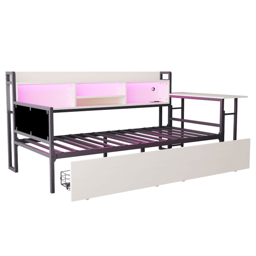 Sofá-cama de ferro 90x200 cm - Com iluminação LED, arrumação, secretária dobrável - Branco
