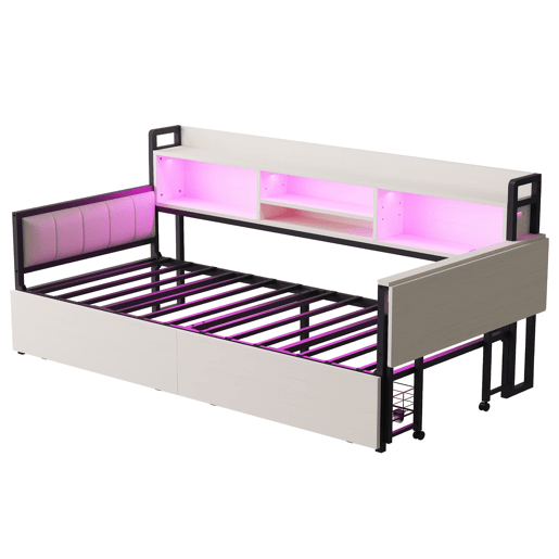 Sofá-cama de ferro 90x200 cm - Com iluminação LED, arrumação, secretária dobrável - Branco