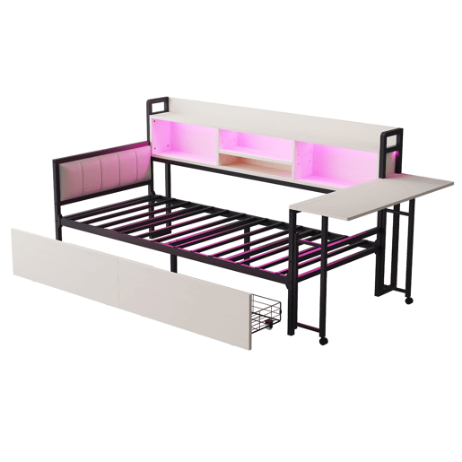 Sofá-cama de ferro 90x200 cm - Com iluminação LED, arrumação, secretária dobrável - Branco