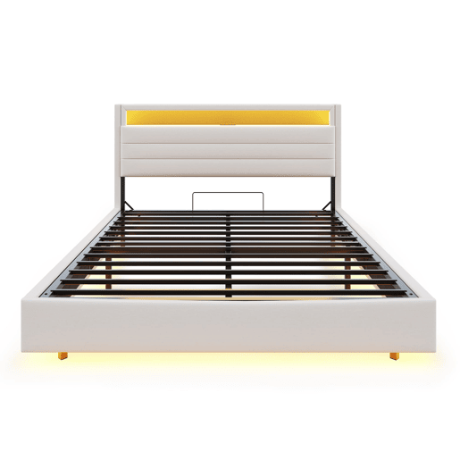 Cama estofada 160x200 cm - Estrutura flutuante hidráulica com arrumação, USB e LED, cabeceira reversível - Bege