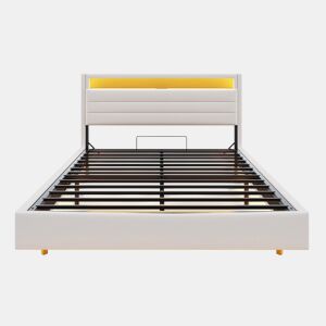 Cama estofada 160x200 cm - Estrutura flutuante hidráulica com arrumação, USB e LED, cabeceira reversível - Bege