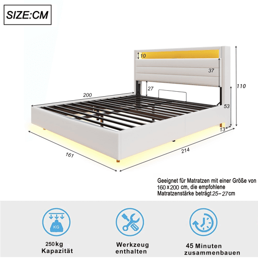 Cama estofada 160x200 cm - Estrutura flutuante hidráulica com arrumação, USB e LED, cabeceira reversível - Bege