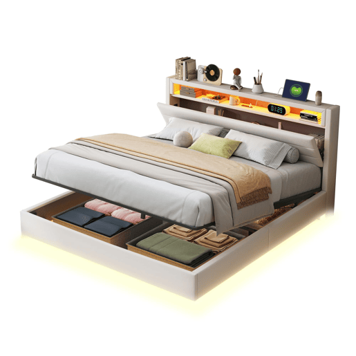Cama estofada 160x200 cm - Estrutura flutuante hidráulica com arrumação, USB e LED, cabeceira reversível - Bege