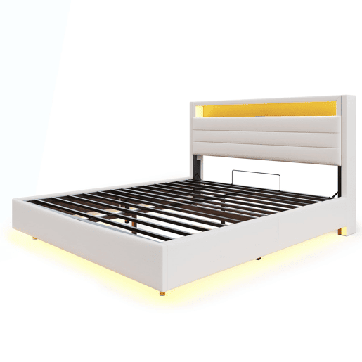 Cama estofada 160x200 cm - Estrutura flutuante hidráulica com arrumação, USB e LED, cabeceira reversível - Bege