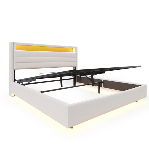 Cama estofada 160x200 cm - Estrutura flutuante hidráulica com arrumação, USB e LED, cabeceira reversível - Bege