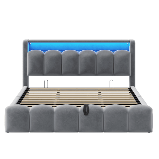 Cama multifuncional 180x200 cm - Com armazenamento hidráulico, USB, LED, design em pétalas, cinza
