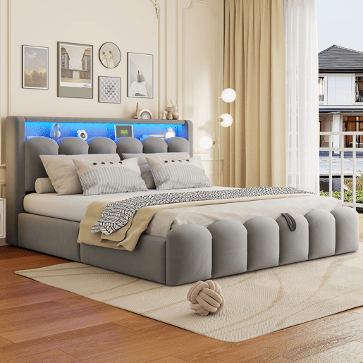 Cama multifuncional 180x200 cm - Com armazenamento hidráulico, USB, LED, design em pétalas, cinza