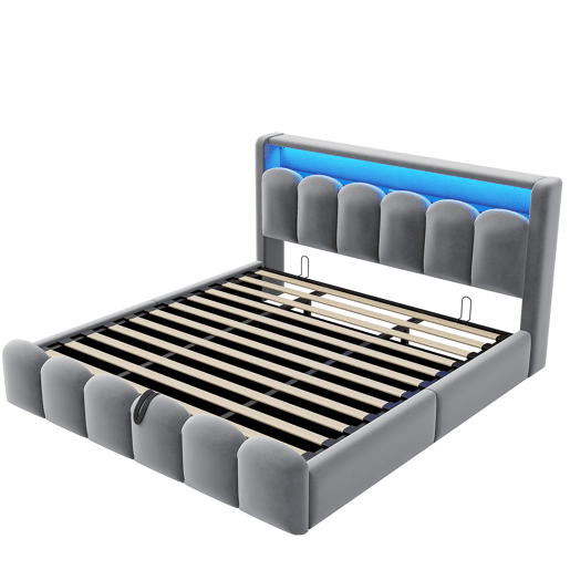 Cama multifuncional 180x200 cm - Com armazenamento hidráulico, USB, LED, design em pétalas, cinza