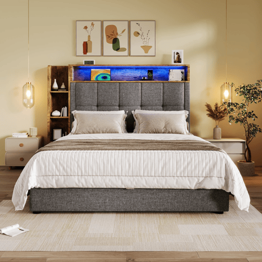 Cama estofada 90x200 cm - Com função de carregamento USB tipo C, armazenamento multifuncional, iluminação LED, botão de pressãoapp, linho, cinza
