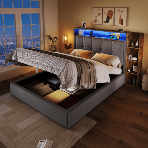 Cama estofada 90x200 cm - Com função de carregamento USB tipo C, armazenamento multifuncional, iluminação LED, botão de pressãoapp, linho, cinza