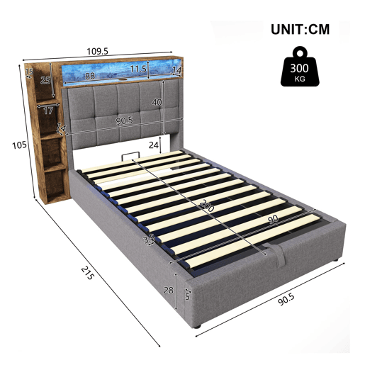Cama estofada 90x200 cm - Com função de carregamento USB tipo C, armazenamento multifuncional, iluminação LED, botão de pressãoapp, linho, cinza