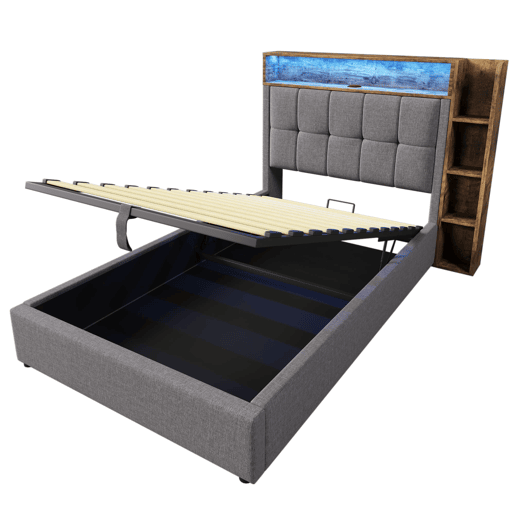 Cama estofada 90x200 cm - Com função de carregamento USB tipo C, armazenamento multifuncional, iluminação LED, botão de pressãoapp, linho, cinza