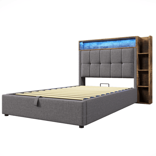 Cama estofada 90x200 cm - Com função de carregamento USB tipo C, armazenamento multifuncional, iluminação LED, botão de pressãoapp, linho, cinza