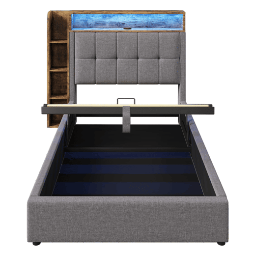 Cama estofada 90x200 cm - Com função de carregamento USB tipo C, armazenamento multifuncional, iluminação LED, botão de pressãoapp, linho, cinza