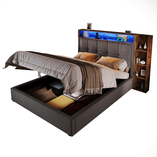 Cama estofada 90x200 cm - Com função de carregamento USB tipo C, armazenamento multifuncional, iluminação LED, botão de pressãoapp, linho, cinza