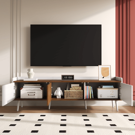 Móvel de TV 160 cm - Compacto, com 3 portas - Branco e natural