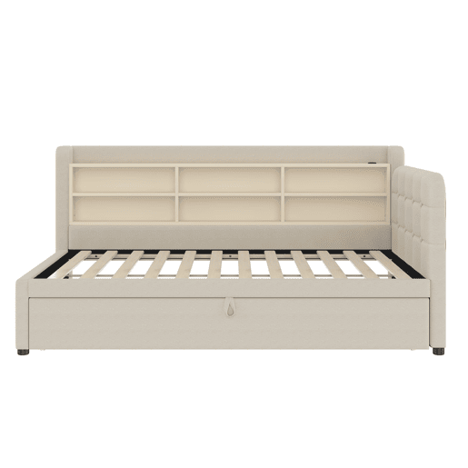Cama tipo sofá-cama 90x200 - sofá-cama multifuncional com arrumação, USB e Tipo C - bege