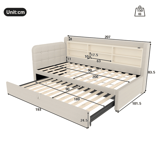Cama tipo sofá-cama 90x200 - sofá-cama multifuncional com arrumação, USB e Tipo C - bege