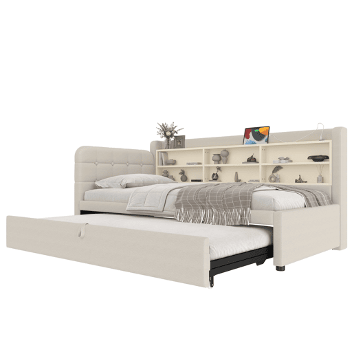 Cama tipo sofá-cama 90x200 - sofá-cama multifuncional com arrumação, USB e Tipo C - bege