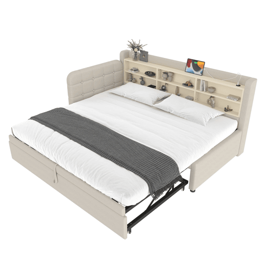 Cama tipo sofá-cama 90x200 - sofá-cama multifuncional com arrumação, USB e Tipo C - bege
