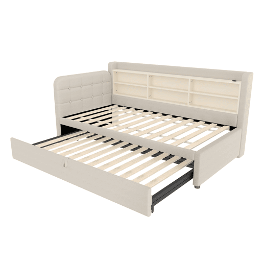 Cama tipo sofá-cama 90x200 - sofá-cama multifuncional com arrumação, USB e Tipo C - bege