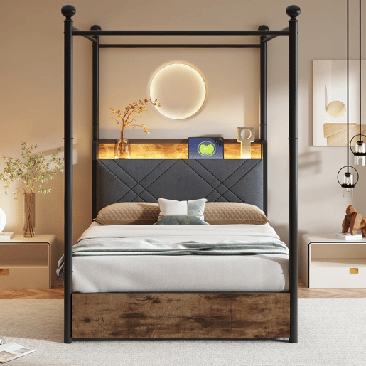 Cama multifuncional 90x190 - com arrumação, duas gavetas, duas portas USBType-C - Preto