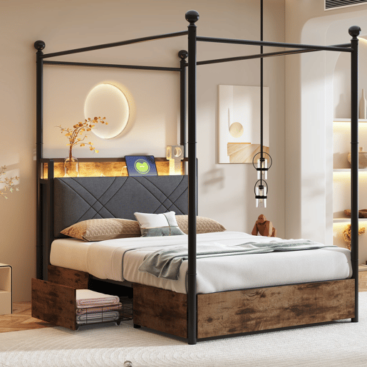 Cama multifuncional 90x190 - com arrumação, duas gavetas, duas portas USBType-C - Preto