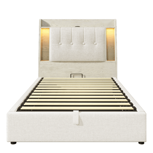 Cama estofada 90x200 cm - Com carregamento USB Tipo C, armazenamento multifuncional, LED, bege