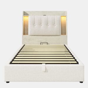 Cama estofada 90x200 cm - Com carregamento USB Tipo C, armazenamento multifuncional, LED, bege