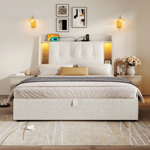 Cama estofada 90x200 cm - Com carregamento USB Tipo C, armazenamento multifuncional, LED, bege