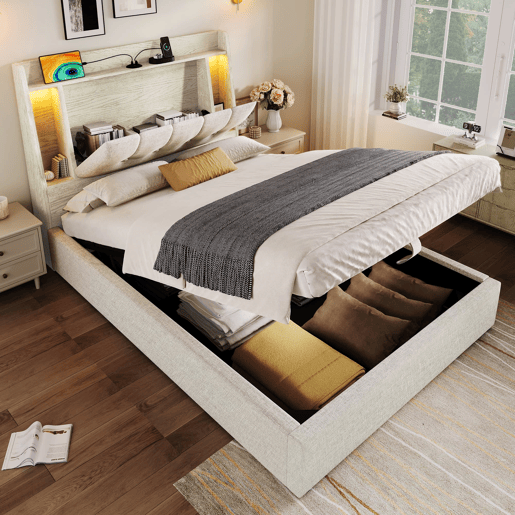 Cama estofada 90x200 cm - Com carregamento USB Tipo C, armazenamento multifuncional, LED, bege