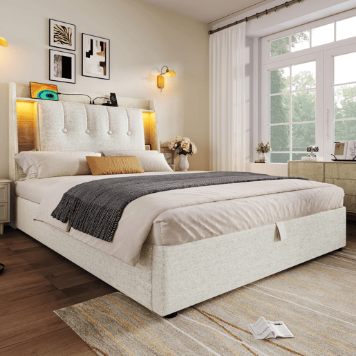 Cama estofada 90x200 cm - Com carregamento USB Tipo C, armazenamento multifuncional, LED, bege