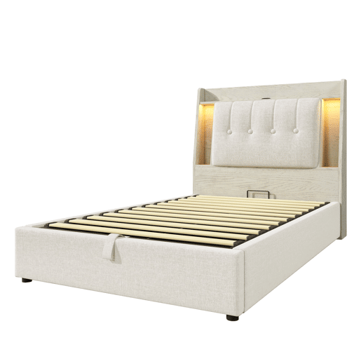 Cama estofada 90x200 cm - Com carregamento USB Tipo C, armazenamento multifuncional, LED, bege