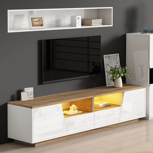 Móvel de TV 180x40x46 cm - LED, 2 gavetas, 2 armários, até 75 - branco e madeira Móvel de TV 180x40x46 cm - LED, 2 gavetas, 2 armários, até 75 - branco e madeira