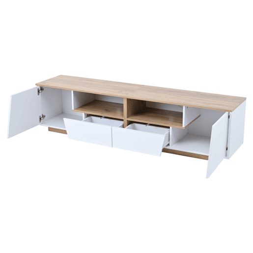 Móvel de TV 180x40x46 cm - LED, 2 gavetas, 2 armários, até 75 - branco e madeira Móvel de TV 180x40x46 cm - LED, 2 gavetas, 2 armários, até 75 - branco e madeira