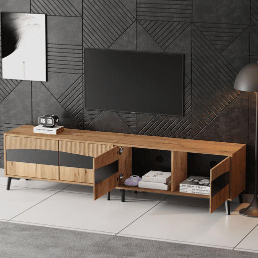 Móvel de TV 180x40x50 cm - Com 4 armários, 8 pernas, capacidade para 30 kg, design simétrico - Natural