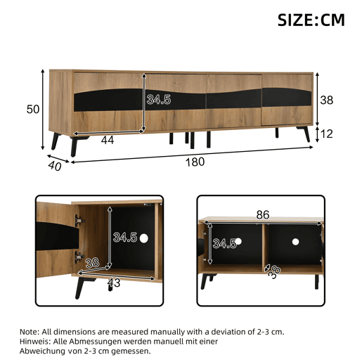 Móvel de TV 180x40x50 cm - Com 4 armários, 8 pernas, capacidade para 30 kg, design simétrico - Natural