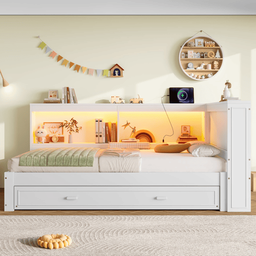 Cama de dia 90x200 cm - Sofá-cama, com cama extraível, com luzes LED, 1 USB, 1 Tipo-C, Branco