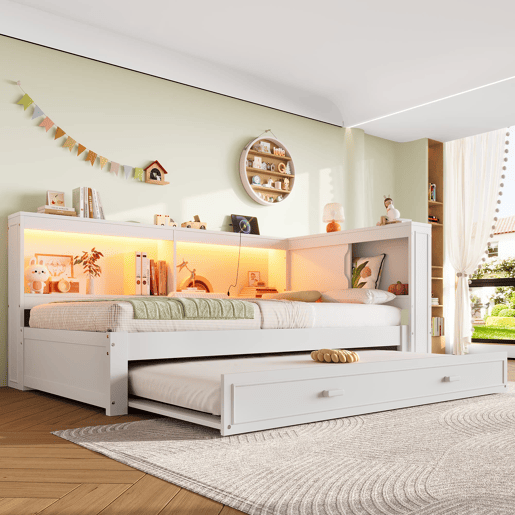 Cama de dia 90x200 cm - Sofá-cama, com cama extraível, com luzes LED, 1 USB, 1 Tipo-C, Branco