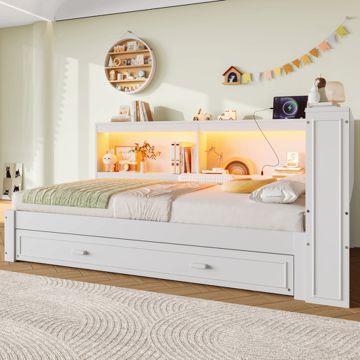 Cama de dia 90x200 cm - Sofá-cama, com cama extraível, com luzes LED, 1 USB, 1 Tipo-C, Branco