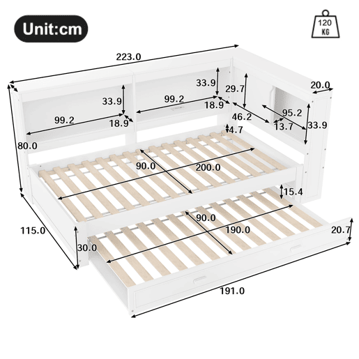 Cama de dia 90x200 cm - Sofá-cama, com cama extraível, com luzes LED, 1 USB, 1 Tipo-C, Branco