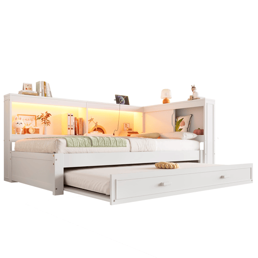 Cama de dia 90x200 cm - Sofá-cama, com cama extraível, com luzes LED, 1 USB, 1 Tipo-C, Branco